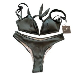 ZAFUL Forever Young Dark Forest Green Ribbed Triangle Bikini Swim Set 4